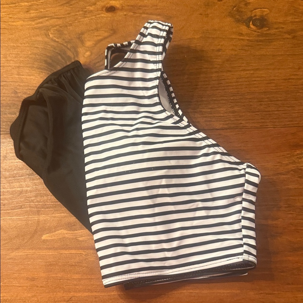 Women’s  Two-Piece Swim Set - Black Bottoms with White & BlackStripe Top - Picture 6 of 8